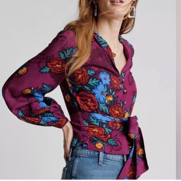 Anthropologie Moulinette Soeurs floral button front wrap shirt blouse top 4 - Picture 2 of 8